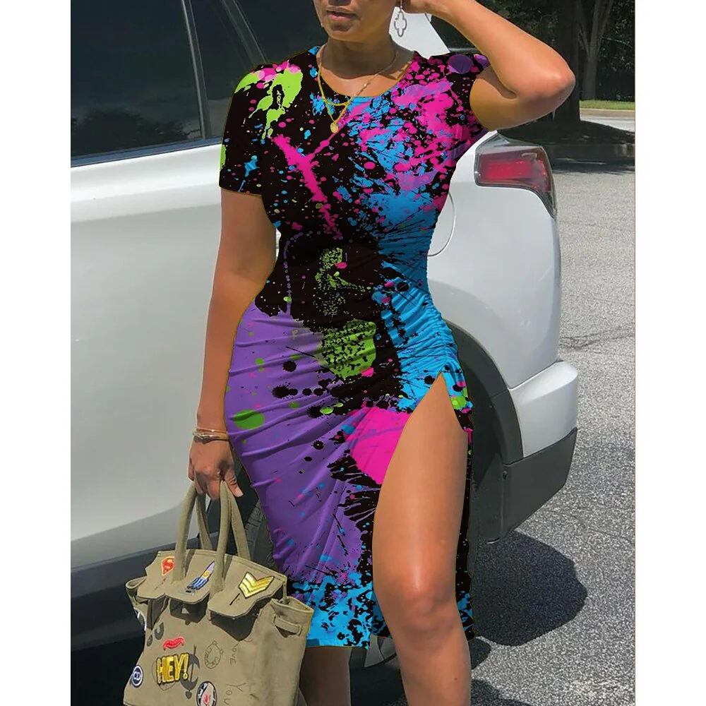 Women Summer Casual Ombre Print Short Sleeve O-Neck Ruffles Dress Midi Drawstring Ruched High Slit New in Dress Outfits 2023 - Image 2