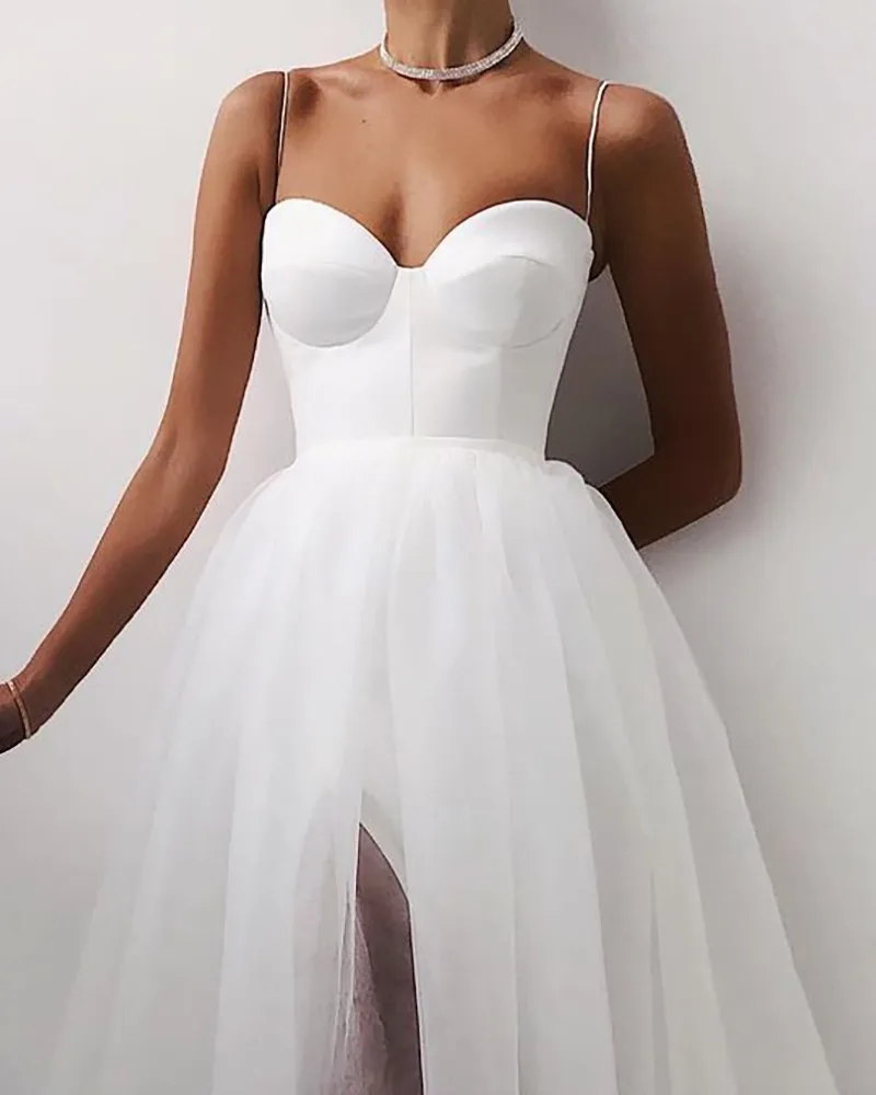 Women Summer Cocktail Dress Solid Color Spaghetti Strapless Tulle Tutu Dress Party Elegant Side Slit Braces Mesh A-Line Vestido - Image 3