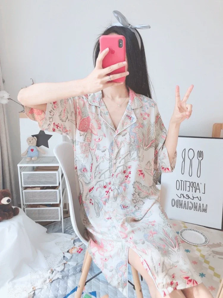 Women Summer Cotton Cardigan Nightdress Loose Women Short Sleeve Nightgown Cartoon Floral Print Sleep Dress Nachtkleding Vrouwen - Image 6