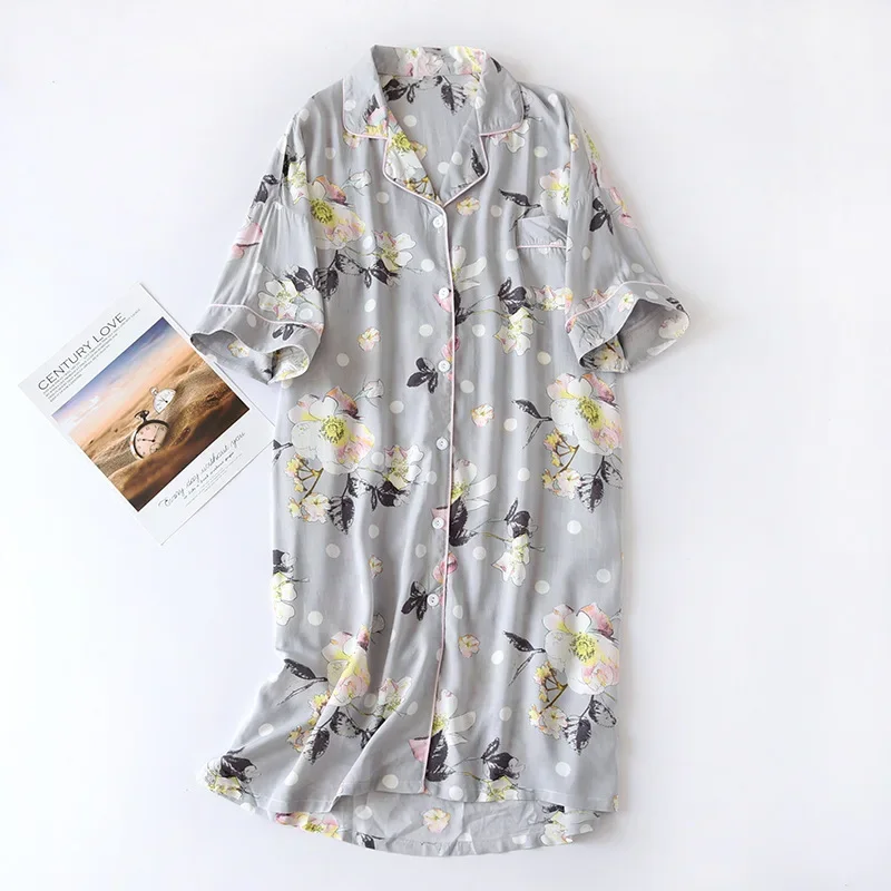 Women Summer Cotton Cardigan Nightdress Loose Women Short Sleeve Nightgown Cartoon Floral Print Sleep Dress Nachtkleding Vrouwen - Image 8