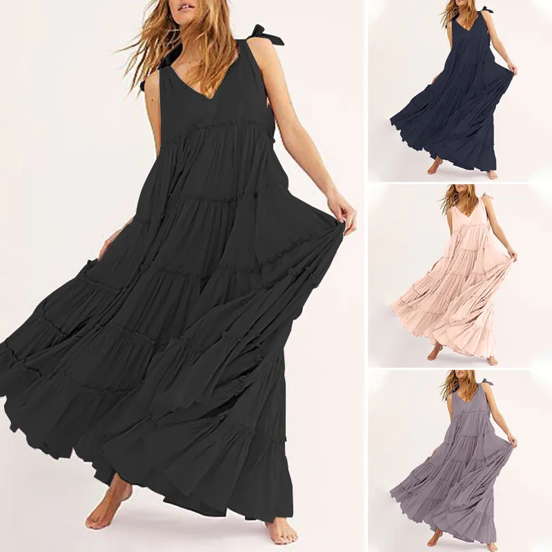 Women Summer Maxi Long Dress ZANZEA Fashion Lace Up V Neck Ruffles Sundress Solid Sleeveless Party Casual Sarafans Vestidos7 - Image 5