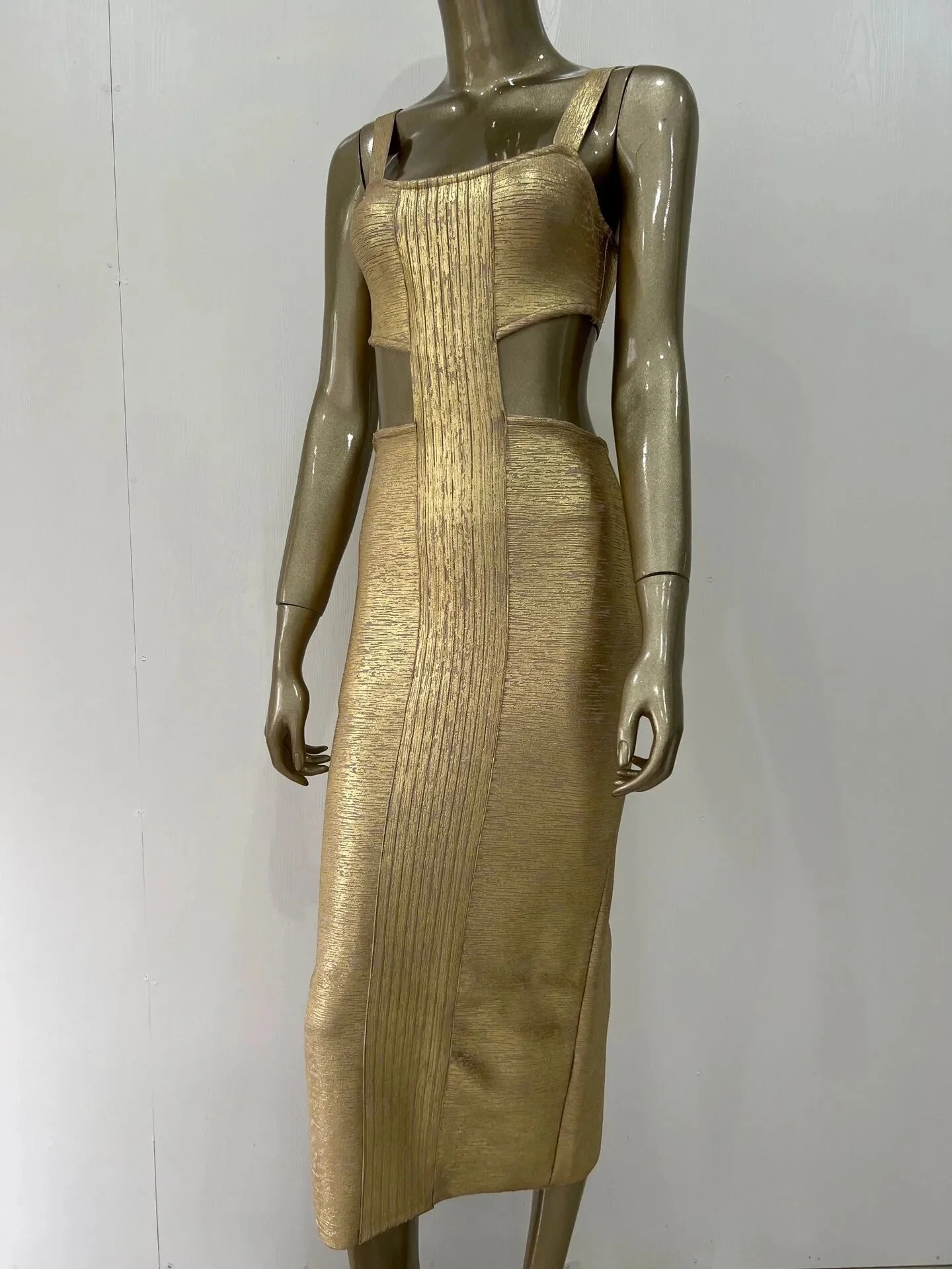 Women Summer Sexy Backless Hollow Out Midi Gold Bronzing Bodycon Bandage Dress 2023 Elegant Evening Club Party Dress - Image 6