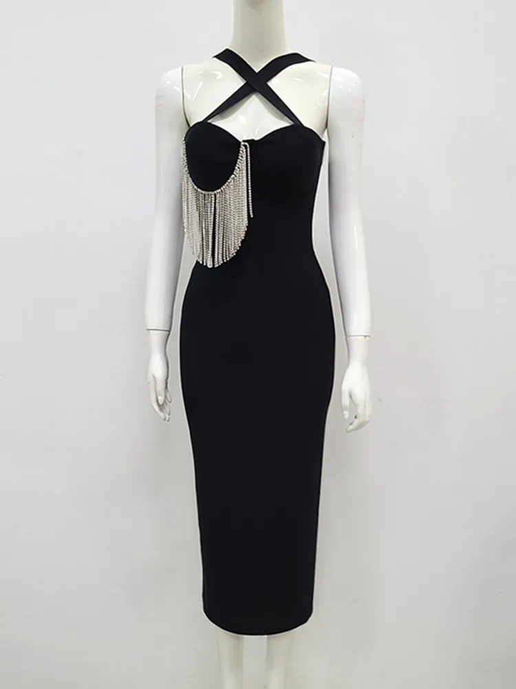 Women Summer Sexy Key Hole Diamonds Tassel Crystal Midi Black Bodycon Bandage Dress 2023 Elegant Evening Party Dress Vestido - Image 3