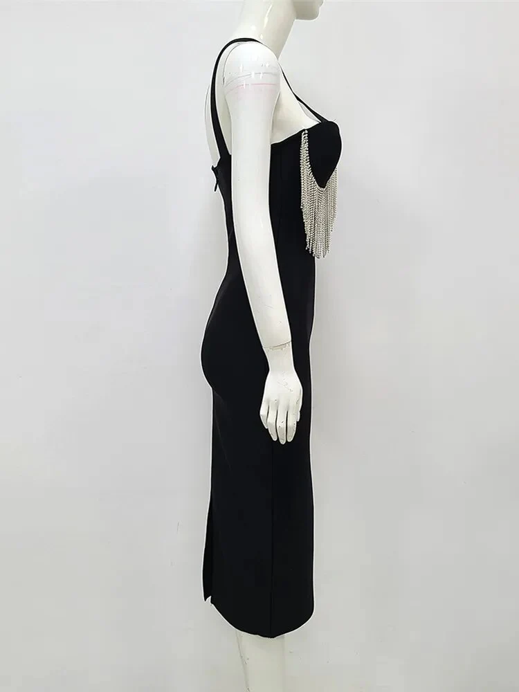 Women Summer Sexy Key Hole Diamonds Tassel Crystal Midi Black Bodycon Bandage Dress 2023 Elegant Evening Party Dress Vestido - Image 4