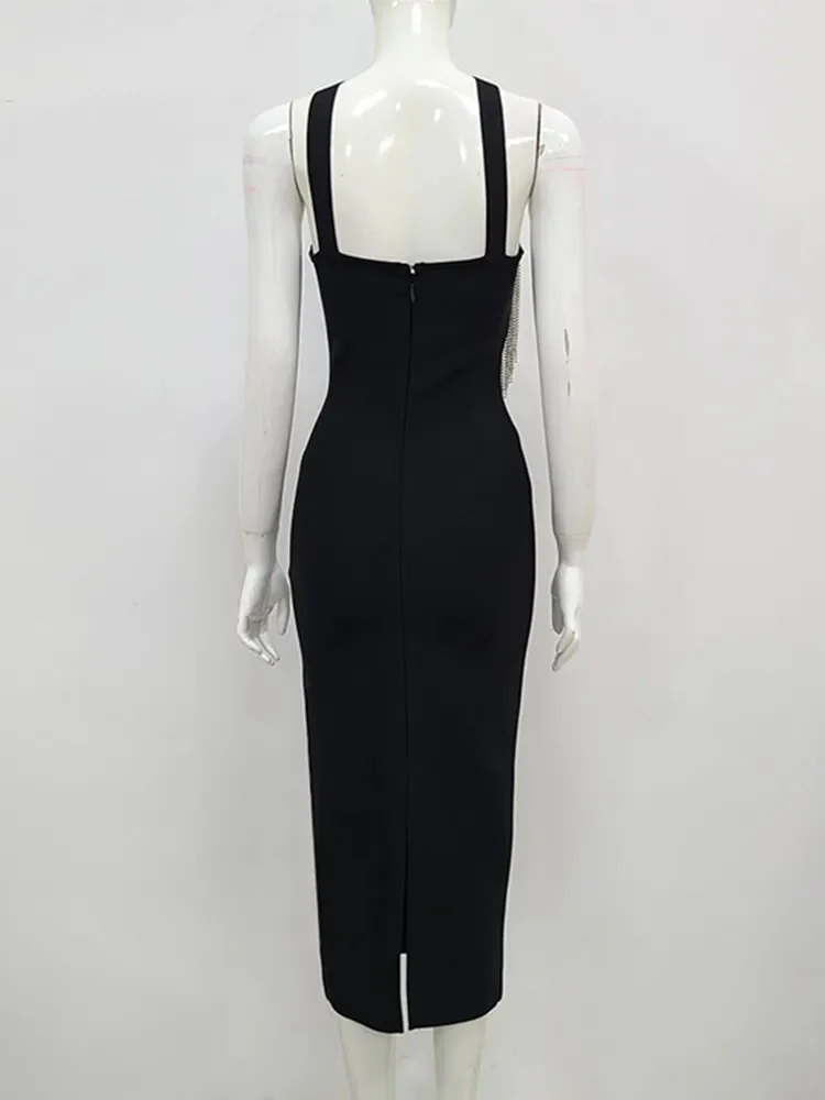 Women Summer Sexy Key Hole Diamonds Tassel Crystal Midi Black Bodycon Bandage Dress 2023 Elegant Evening Party Dress Vestido - Image 5