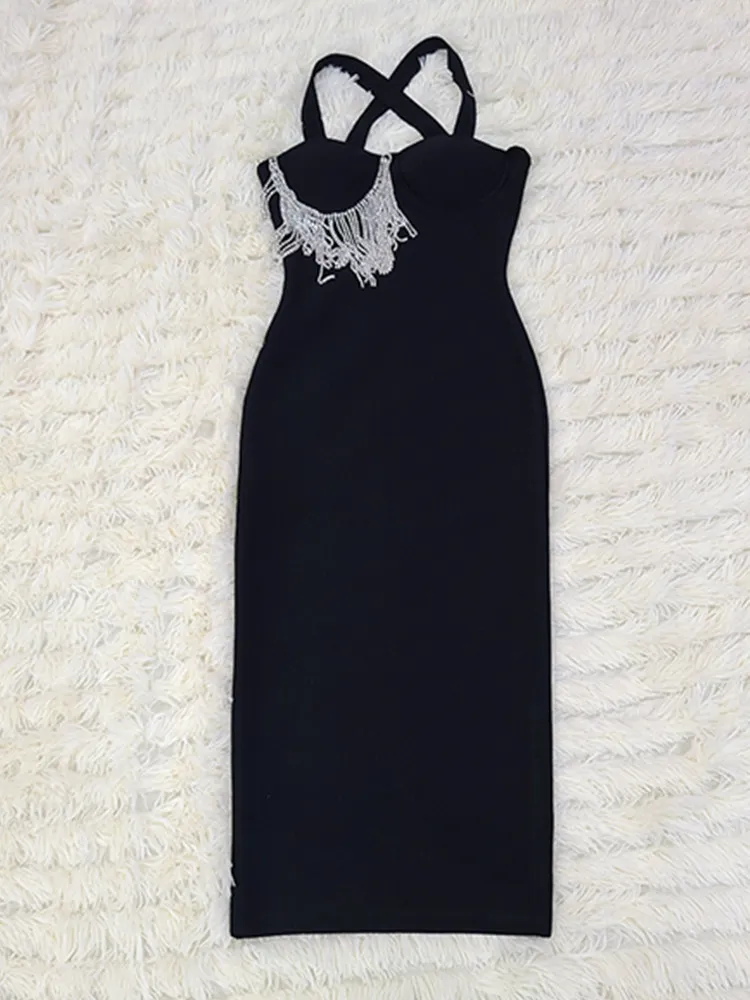 Women Summer Sexy Key Hole Diamonds Tassel Crystal Midi Black Bodycon Bandage Dress 2023 Elegant Evening Party Dress Vestido - Image 6