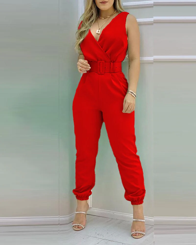 Women Summer Solid Sleeveless Pocket Design Backless Jumpsuit - Image 3
