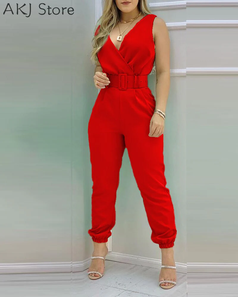 Women Summer Solid Sleeveless Pocket Design Backless Jumpsuit - Image 5