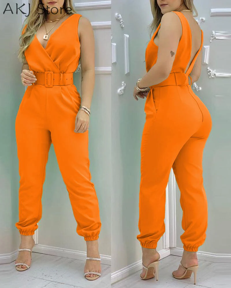 Women Summer Solid Sleeveless Pocket Design Backless Jumpsuit - Image 9
