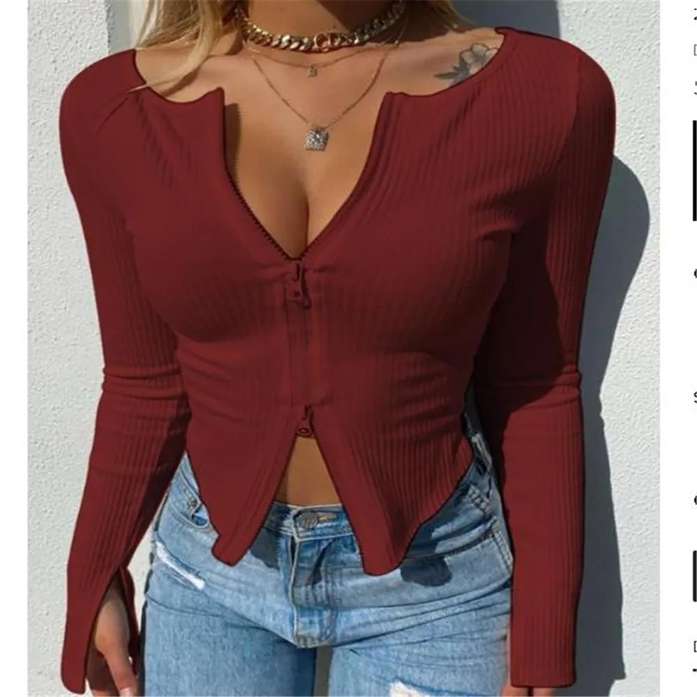 Women T-shirt Spring Autumn Clothes Ribbed Knitted Long Sleeve Crop Tops Zipper Design Tee Sexy Female Slim Black White Tops - Image 2