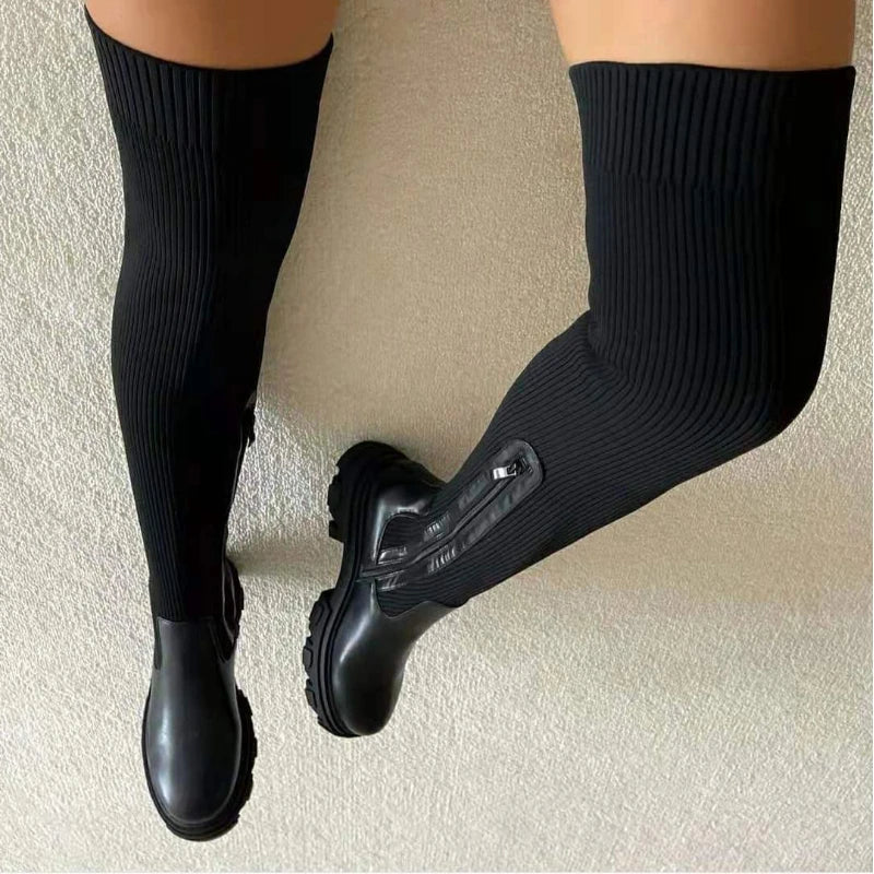 Women Thick Sole Boots 2024 Autumn Winter Breathable Knitting Sock Ladies Thigh High Boots Stretch Round Toe Shoes Plus Size 43 - Image 4