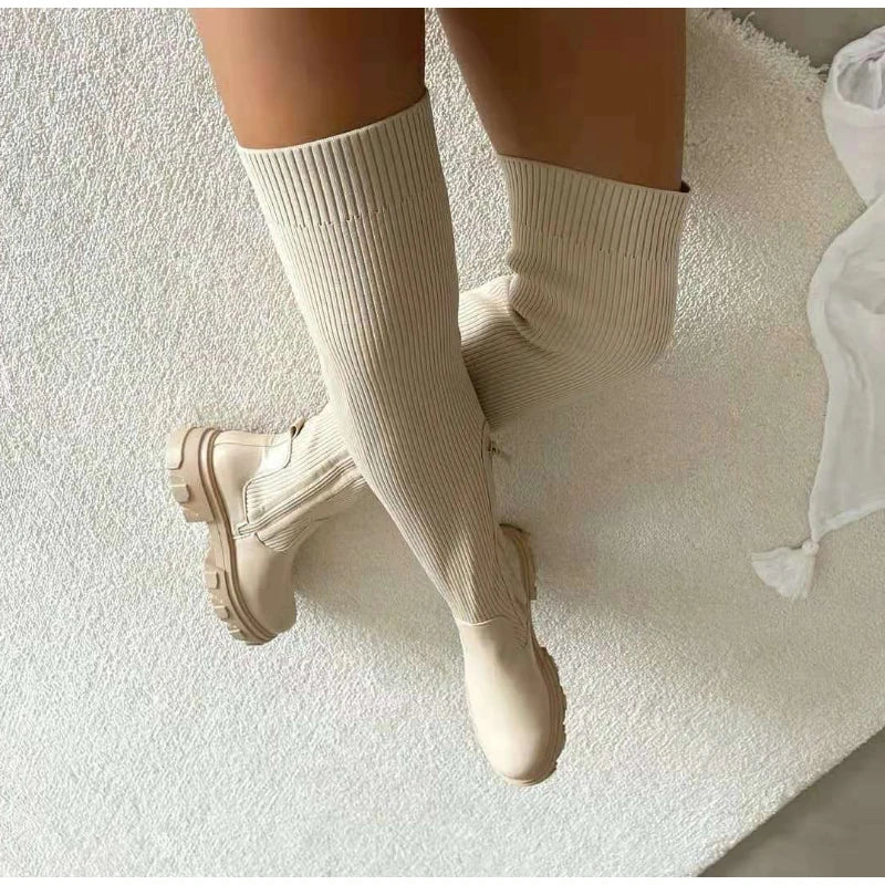 Women Thick Sole Boots 2024 Autumn Winter Breathable Knitting Sock Ladies Thigh High Boots Stretch Round Toe Shoes Plus Size 43 - Image 5