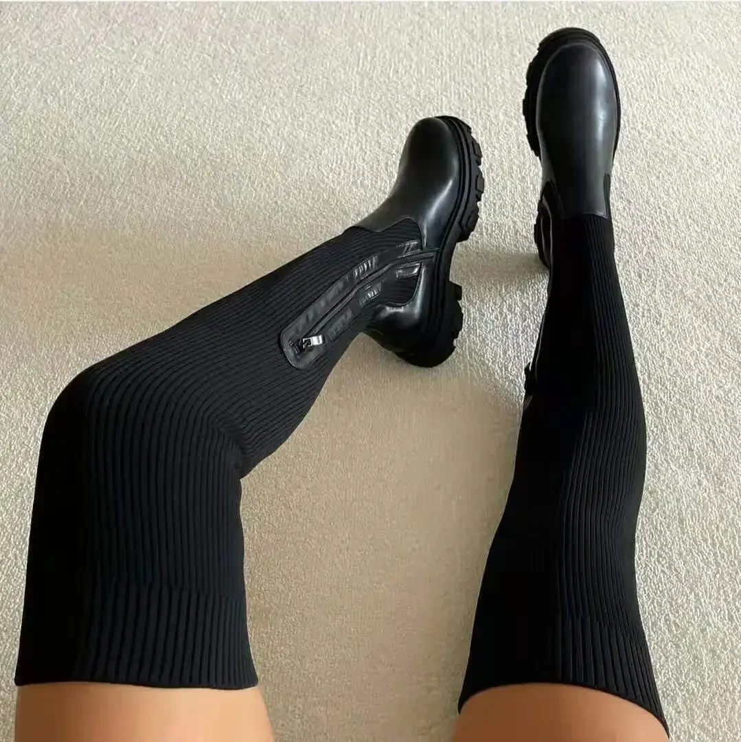 Women Thick Sole Boots 2024 Autumn Winter Breathable Knitting Sock Ladies Thigh High Boots Stretch Round Toe Shoes Plus Size 43 - Image 6
