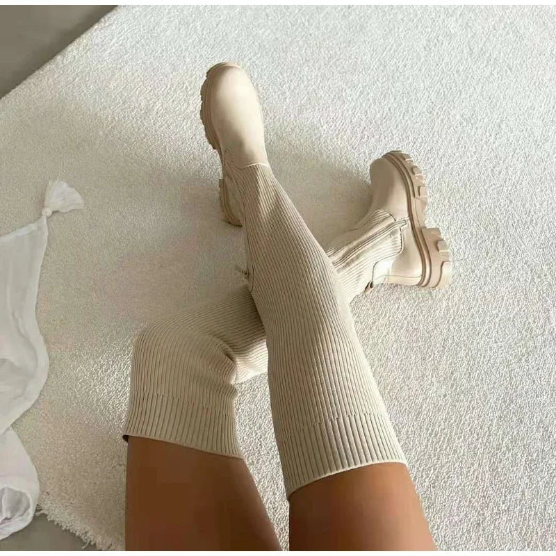 Women Thick Sole Boots 2024 Autumn Winter Breathable Knitting Sock Ladies Thigh High Boots Stretch Round Toe Shoes Plus Size 43 - Image 7