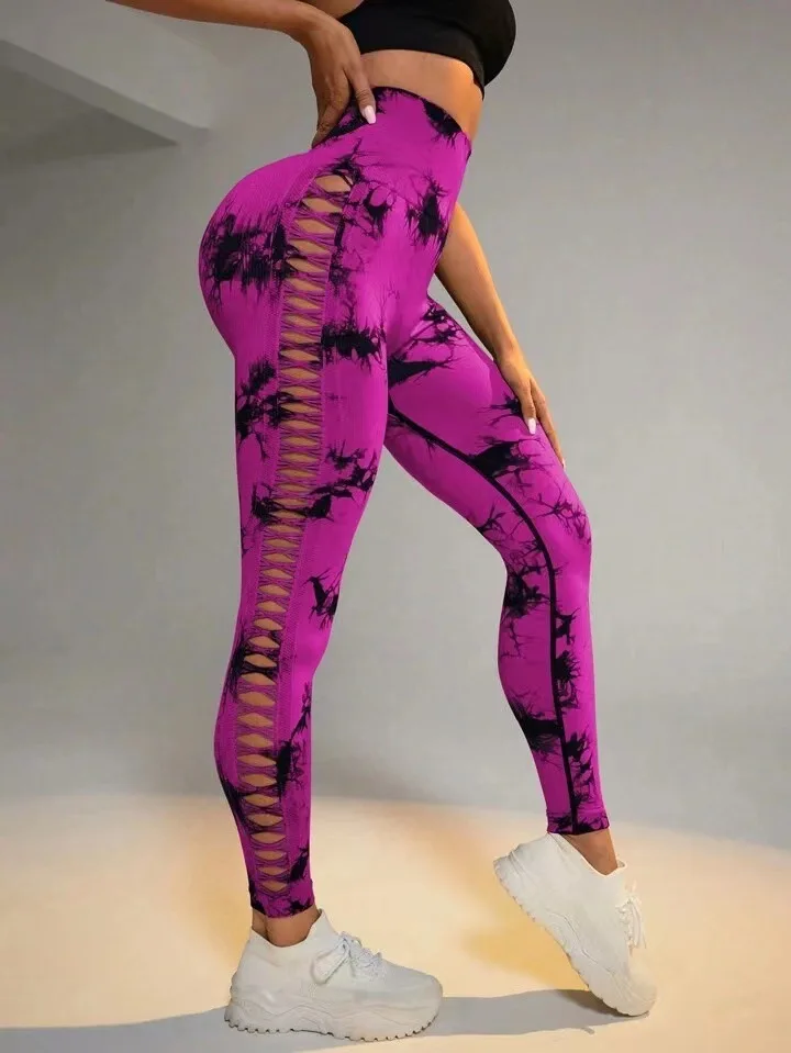 Women Tie Dye Hollow Out Leggings Sports Yoga Pants Fitness Sportswear Sexy High Waist Push Up Gym Tights Running Leggings - Image 11