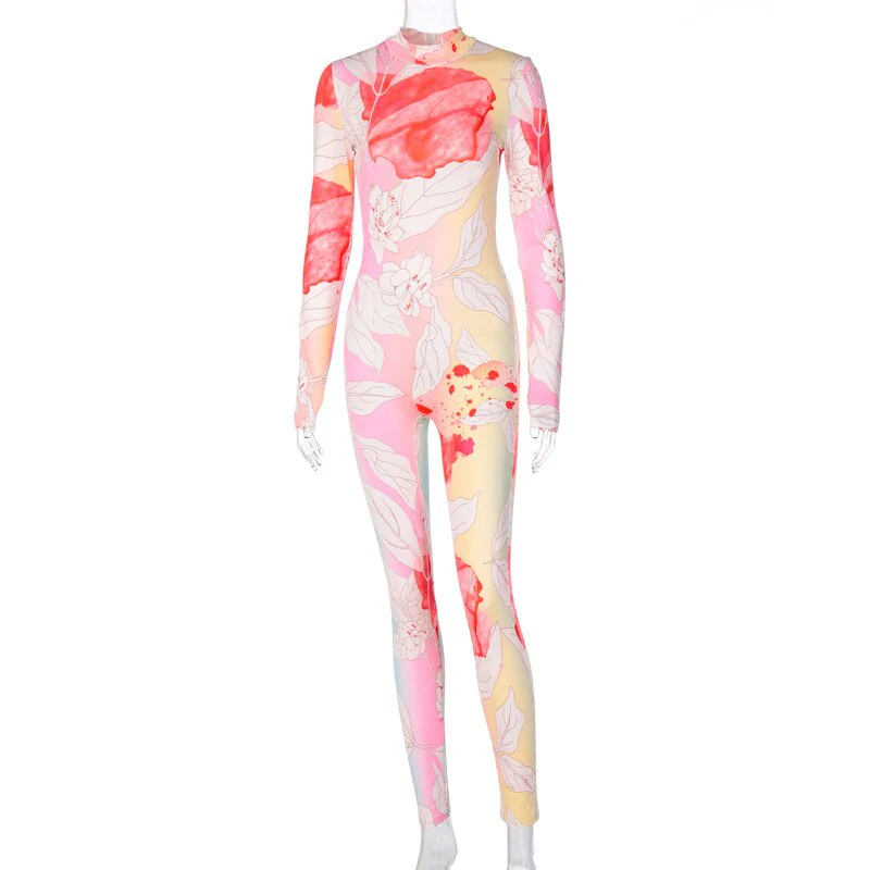 Sexy women tie dye print full sleeve autumn jumpsuits skinny elastic sporty overalls - Image 3