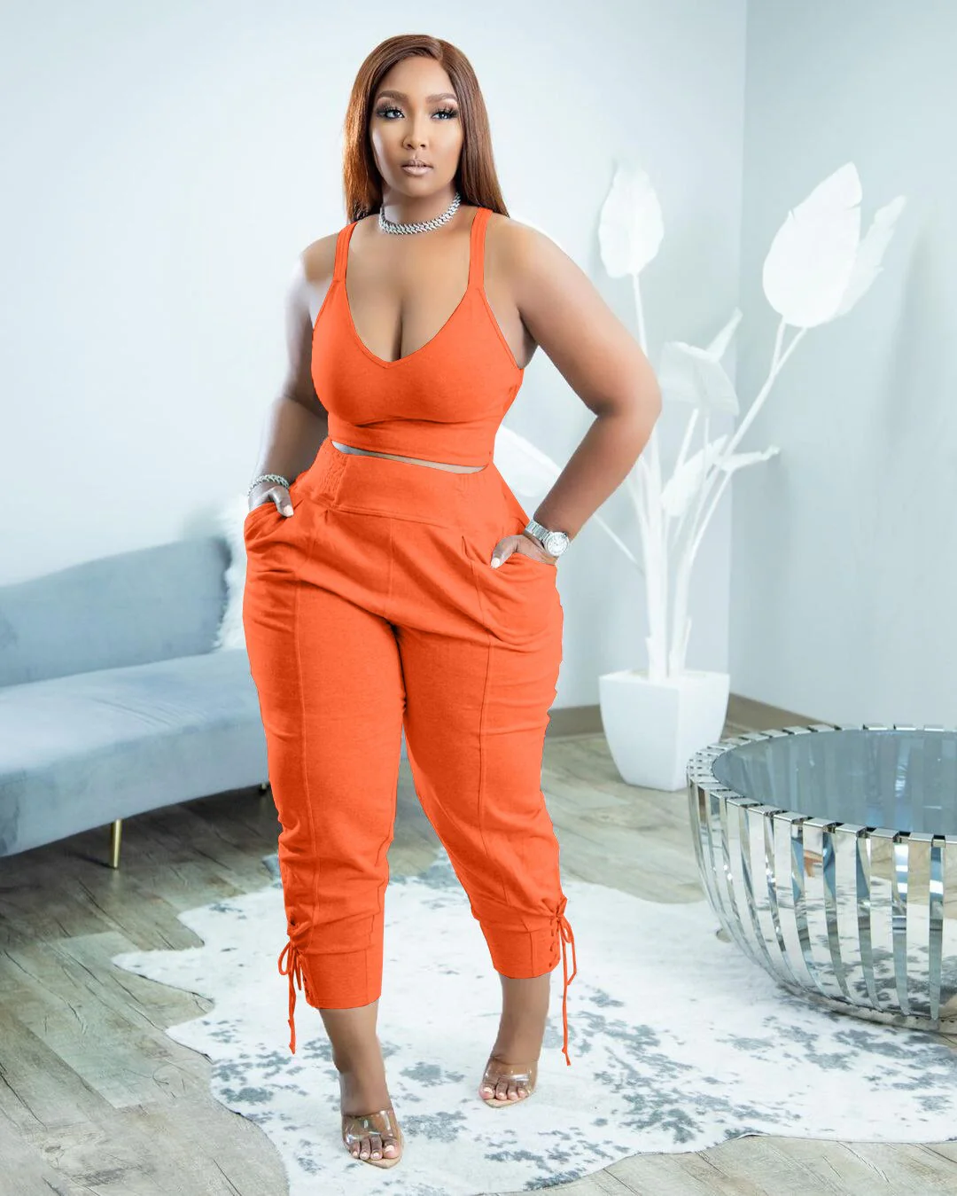Women Tracksuit Two Piece Set Solid Tank Top + Long Pants Pocket Jogger Set Casual Matching Sporty Suit - Image 10