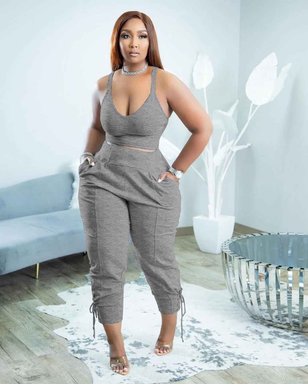 Women Tracksuit Two Piece Set Solid Tank Top + Long Pants Pocket Jogger Set Casual Matching Sporty Suit - Image 11