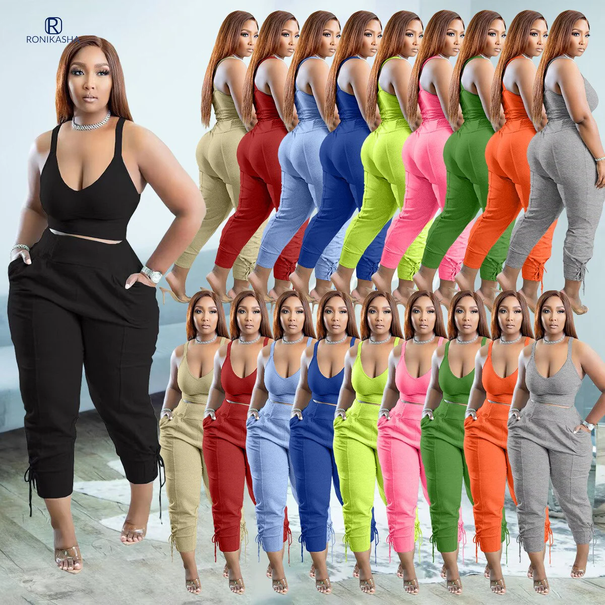 Women Tracksuit Two Piece Set Solid Tank Top + Long Pants Pocket Jogger Set Casual Matching Sporty Suit - Image 15