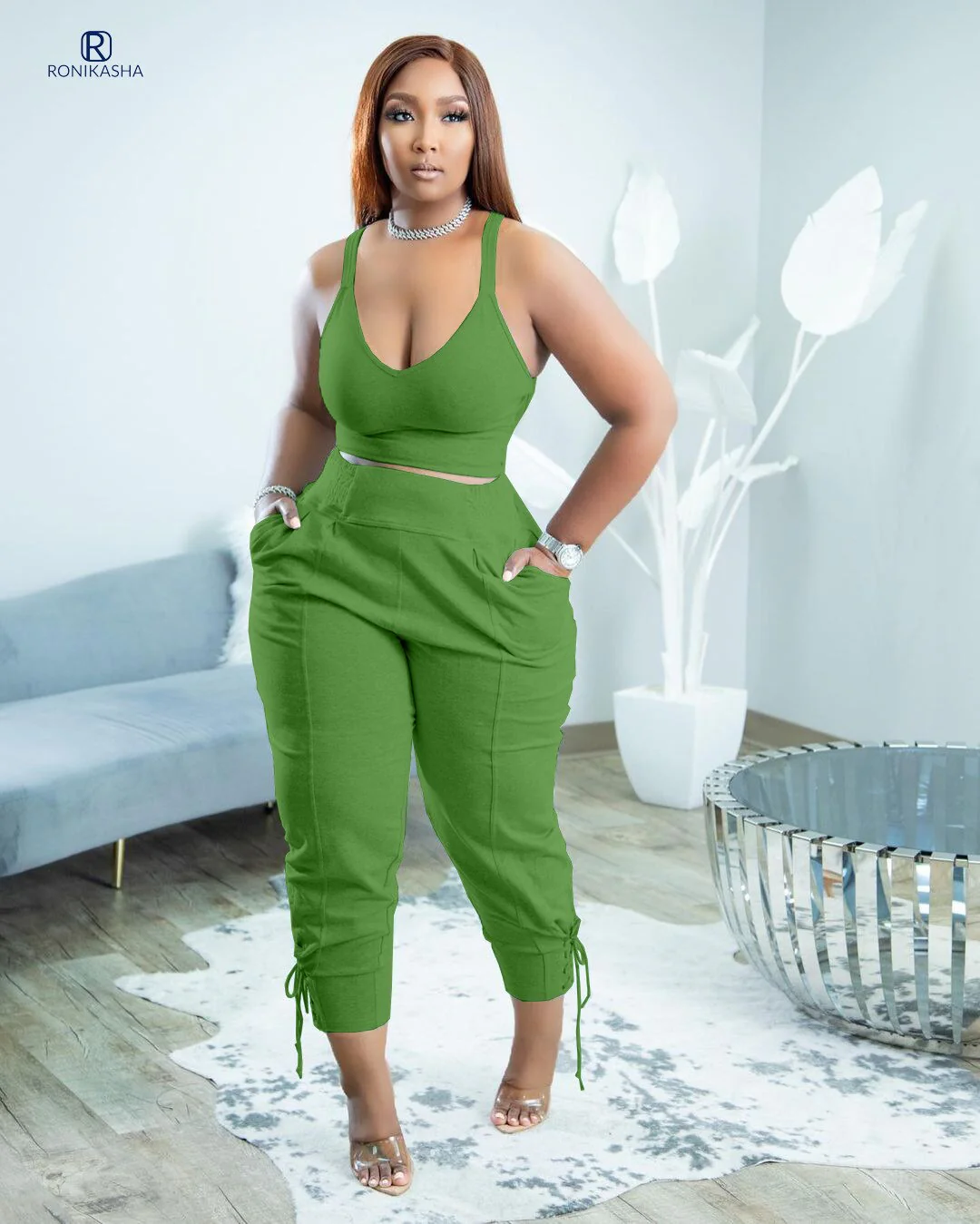 Women Tracksuit Two Piece Set Solid Tank Top + Long Pants Pocket Jogger Set Casual Matching Sporty Suit - Image 16