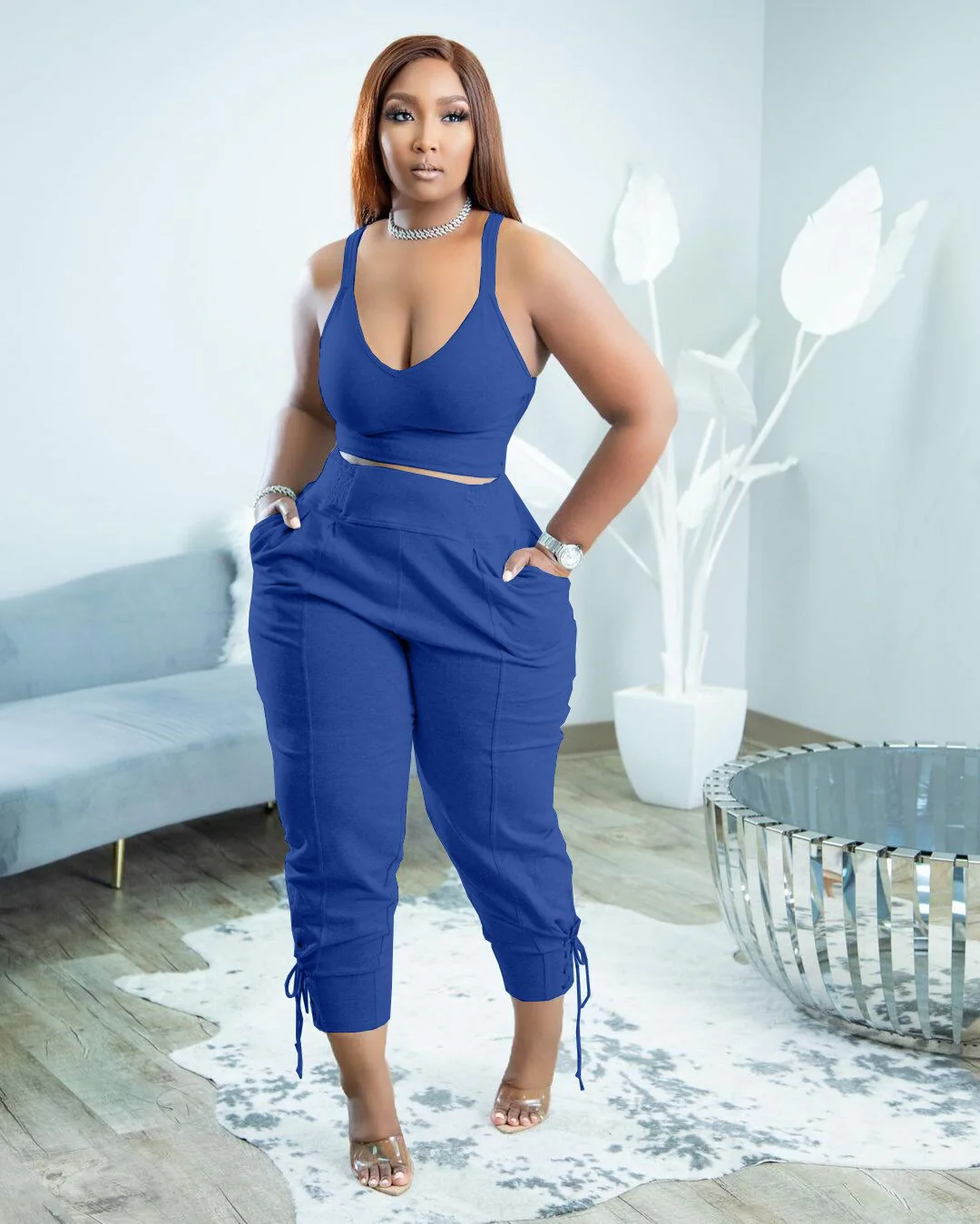 Women Tracksuit Two Piece Set Solid Tank Top + Long Pants Pocket Jogger Set Casual Matching Sporty Suit - Image 4