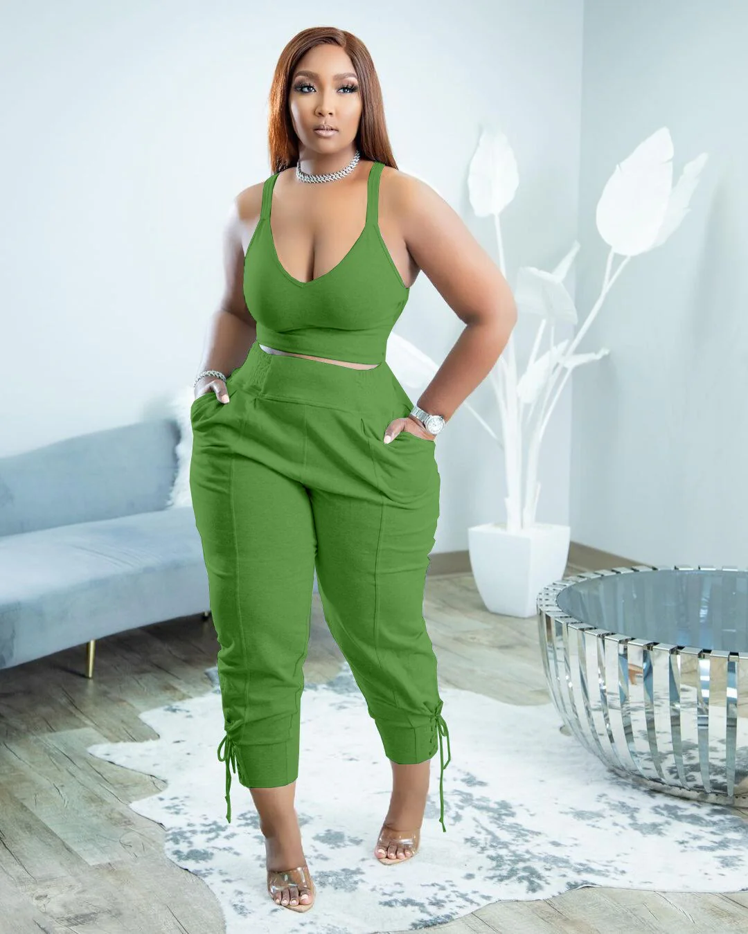 Women Tracksuit Two Piece Set Solid Tank Top + Long Pants Pocket Jogger Set Casual Matching Sporty Suit - Image 5