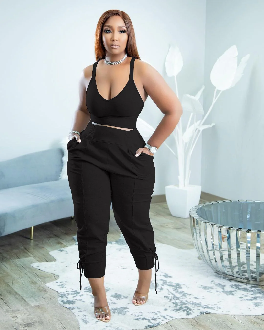 Women Tracksuit Two Piece Set Solid Tank Top + Long Pants Pocket Jogger Set Casual Matching Sporty Suit - Image 6