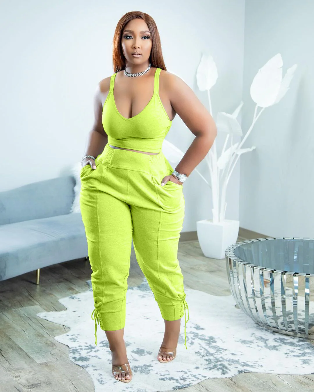 Women Tracksuit Two Piece Set Solid Tank Top + Long Pants Pocket Jogger Set Casual Matching Sporty Suit - Image 8