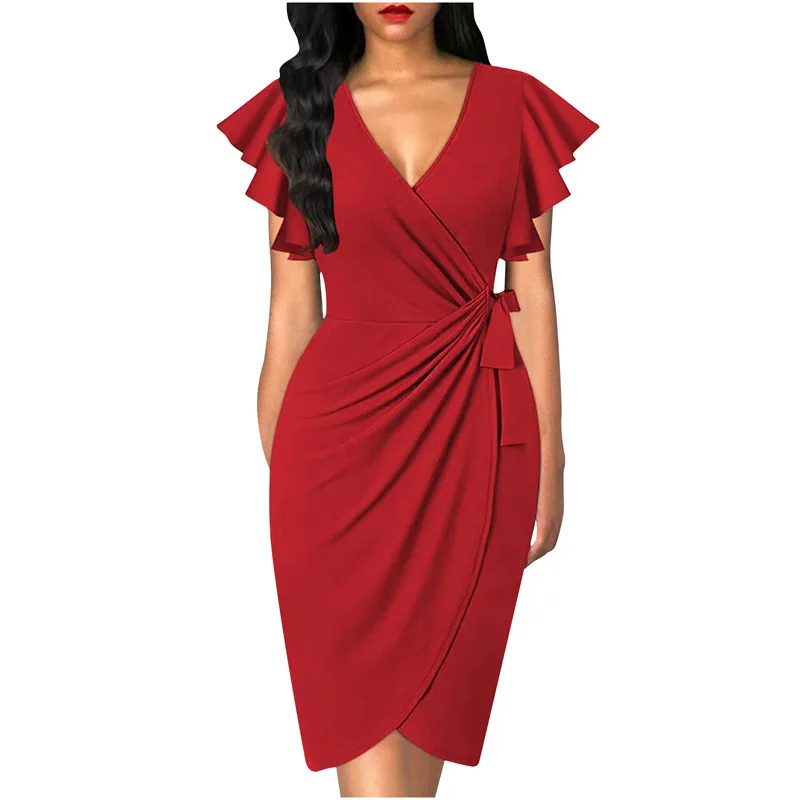 Women Vintage Floral Cocktail Party Dress Sexy V Neck Ruffle Sleeve Ruched Slim Pencil Dress OL Business Work Office Midi Dress - Image 10
