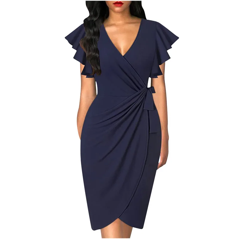 Women Vintage Floral Cocktail Party Dress Sexy V Neck Ruffle Sleeve Ruched Slim Pencil Dress OL Business Work Office Midi Dress - Image 11