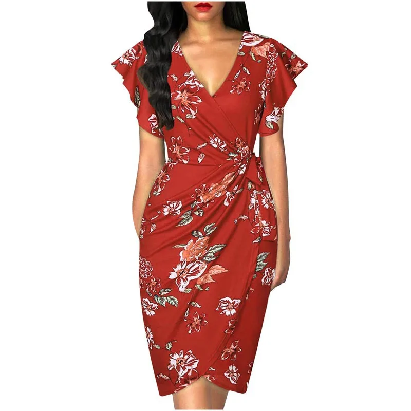 Women Vintage Floral Cocktail Party Dress Sexy V Neck Ruffle Sleeve Ruched Slim Pencil Dress OL Business Work Office Midi Dress - Image 12