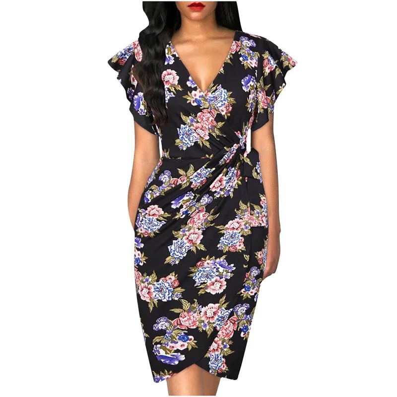 Women Vintage Floral Cocktail Party Dress Sexy V Neck Ruffle Sleeve Ruched Slim Pencil Dress OL Business Work Office Midi Dress - Image 14