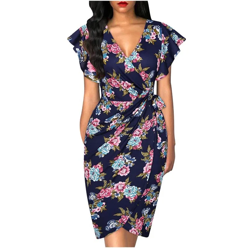 Women Vintage Floral Cocktail Party Dress Sexy V Neck Ruffle Sleeve Ruched Slim Pencil Dress OL Business Work Office Midi Dress - Image 16