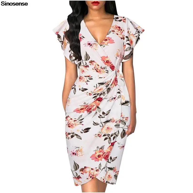 Women Vintage Floral Cocktail Party Dress Sexy V Neck Ruffle Sleeve Ruched Slim Pencil Dress OL Business Work Office Midi Dress - Image 3