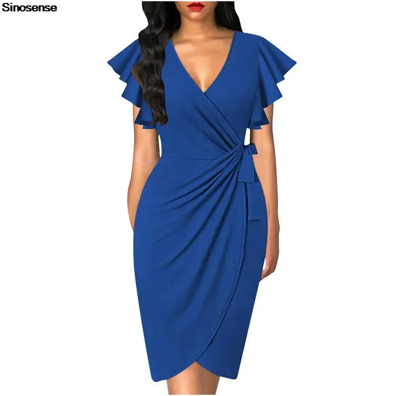 Women Vintage Floral Cocktail Party Dress Sexy V Neck Ruffle Sleeve Ruched Slim Pencil Dress OL Business Work Office Midi Dress - Image 5