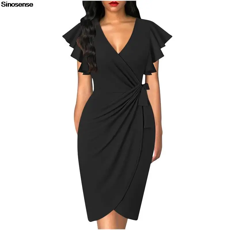 Women Vintage Floral Cocktail Party Dress Sexy V Neck Ruffle Sleeve Ruched Slim Pencil Dress OL Business Work Office Midi Dress - Image 6