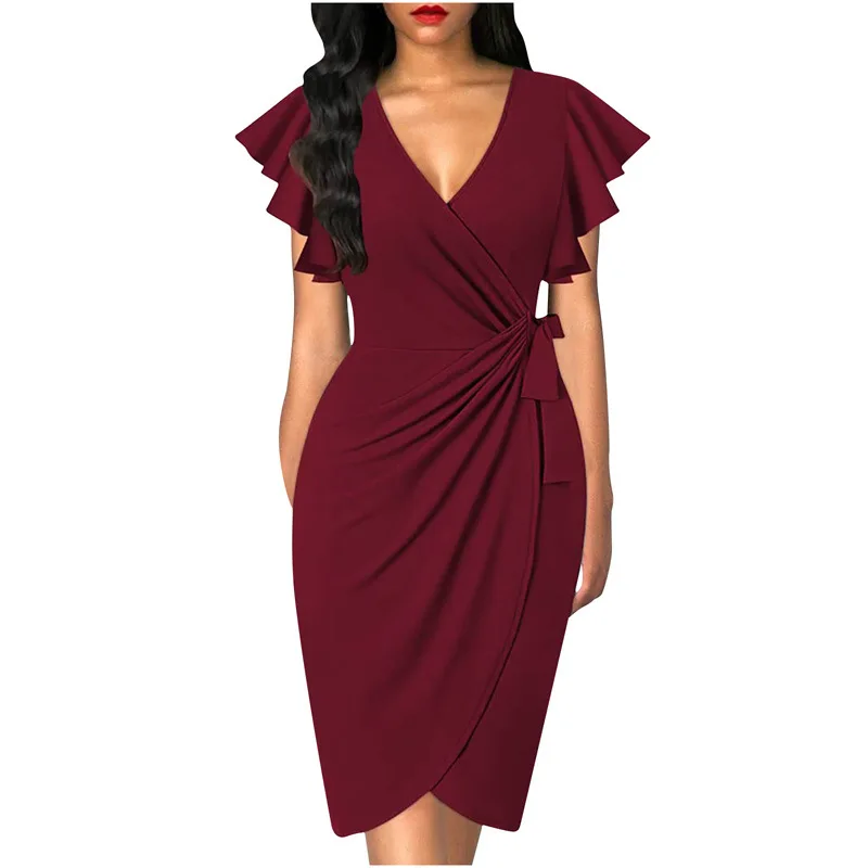 Women Vintage Floral Cocktail Party Dress Sexy V Neck Ruffle Sleeve Ruched Slim Pencil Dress OL Business Work Office Midi Dress - Image 7
