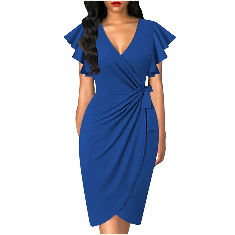 Women Vintage Floral Cocktail Party Dress Sexy V Neck Ruffle Sleeve Ruched Slim Pencil Dress OL Business Work Office Midi Dress - Image 8