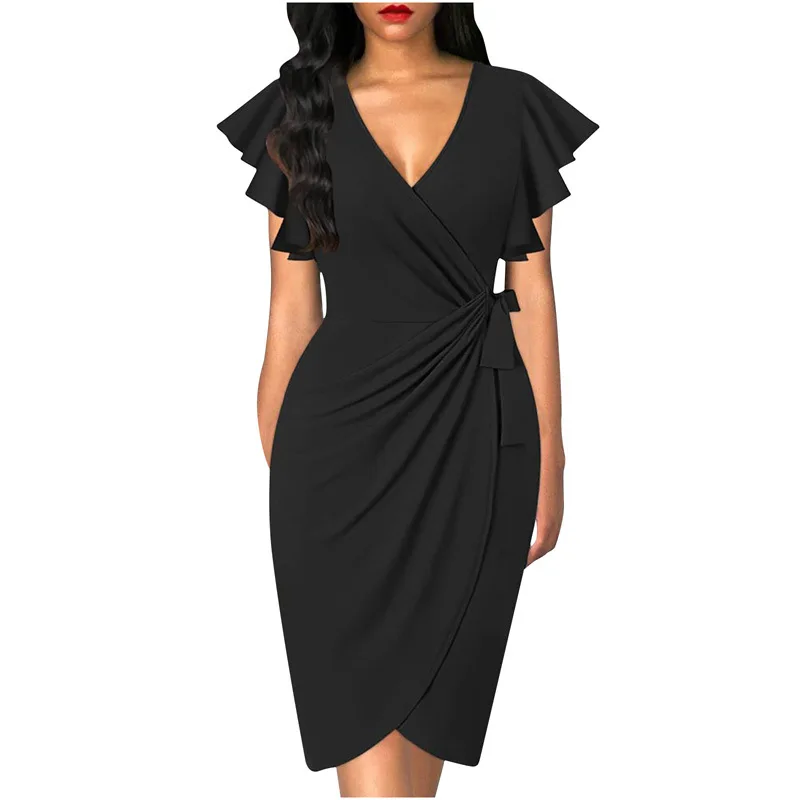 Women Vintage Floral Cocktail Party Dress Sexy V Neck Ruffle Sleeve Ruched Slim Pencil Dress OL Business Work Office Midi Dress - Image 9