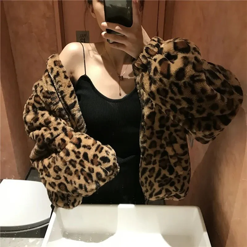 Women Vintage Leopard Stand Collar Zipper Outwear 2023 Winter Jacket Lady Loose oversized Fuzzy Coats Female Casual Streetwear - Image 2