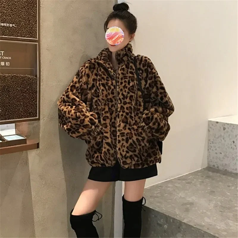 Women Vintage Leopard Stand Collar Zipper Outwear 2023 Winter Jacket Lady Loose oversized Fuzzy Coats Female Casual Streetwear - Image 3