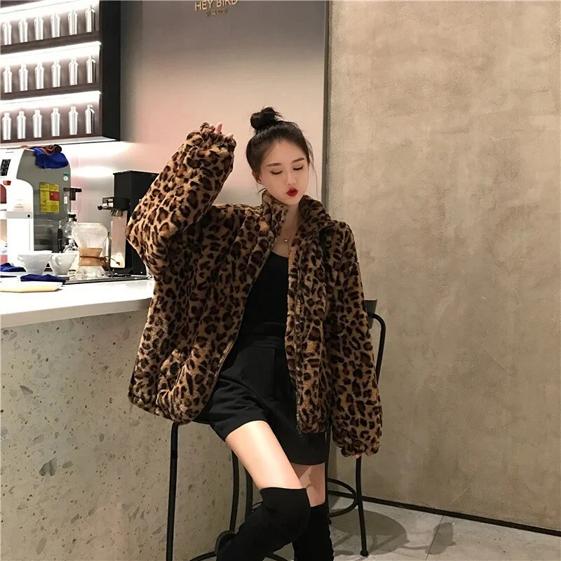 Women Vintage Leopard Stand Collar Zipper Outwear 2023 Winter Jacket Lady Loose oversized Fuzzy Coats Female Casual Streetwear - Image 4