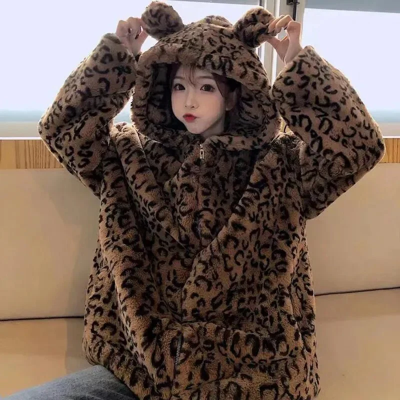 Women Vintage Leopard Stand Collar Zipper Outwear 2023 Winter Jacket Lady Loose oversized Fuzzy Coats Female Casual Streetwear - Image 5