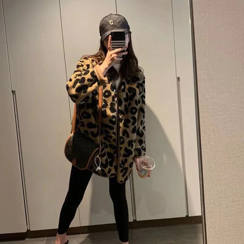 Women Vintage Leopard Stand Collar Zipper Outwear 2023 Winter Jacket Lady Loose oversized Fuzzy Coats Female Casual Streetwear - Image 6
