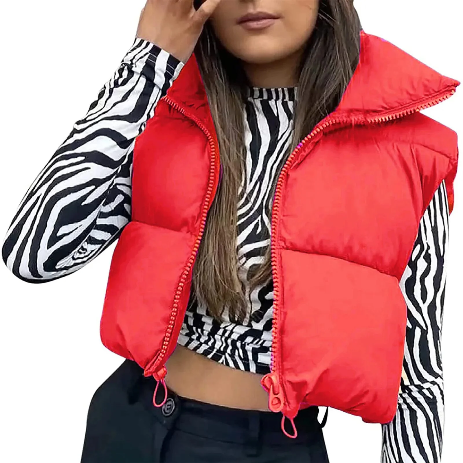 Women Waistcoat Retro Short Cotton-Padded Clothes Solid Color Stand Neck Zipper Casual Party Loose Warm Winter Coat - Image 11
