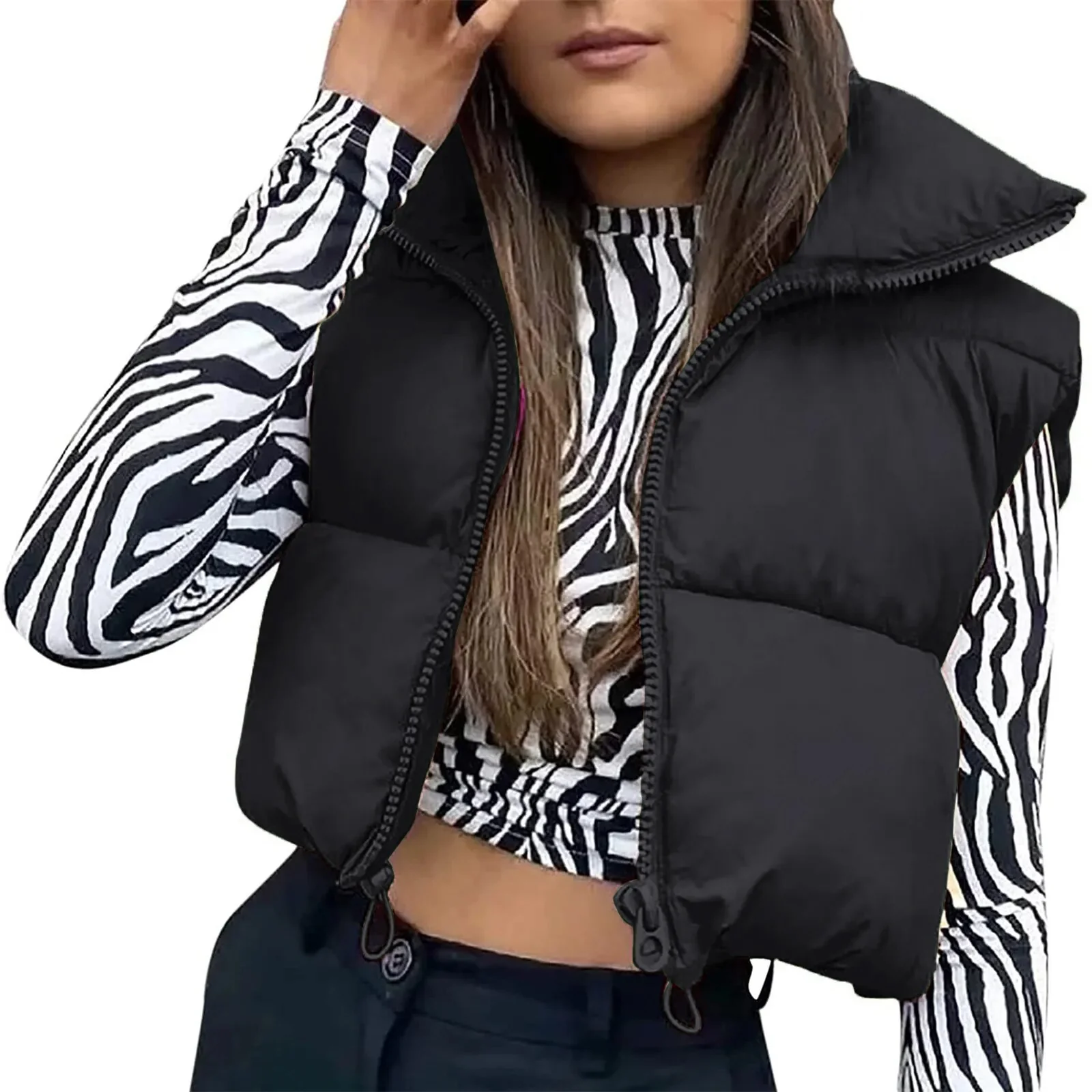 Women Waistcoat Retro Short Cotton-Padded Clothes Solid Color Stand Neck Zipper Casual Party Loose Warm Winter Coat - Image 13