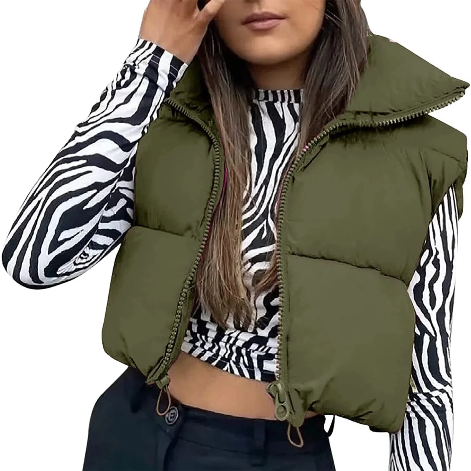 Women Waistcoat Retro Short Cotton-Padded Clothes Solid Color Stand Neck Zipper Casual Party Loose Warm Winter Coat - Image 14