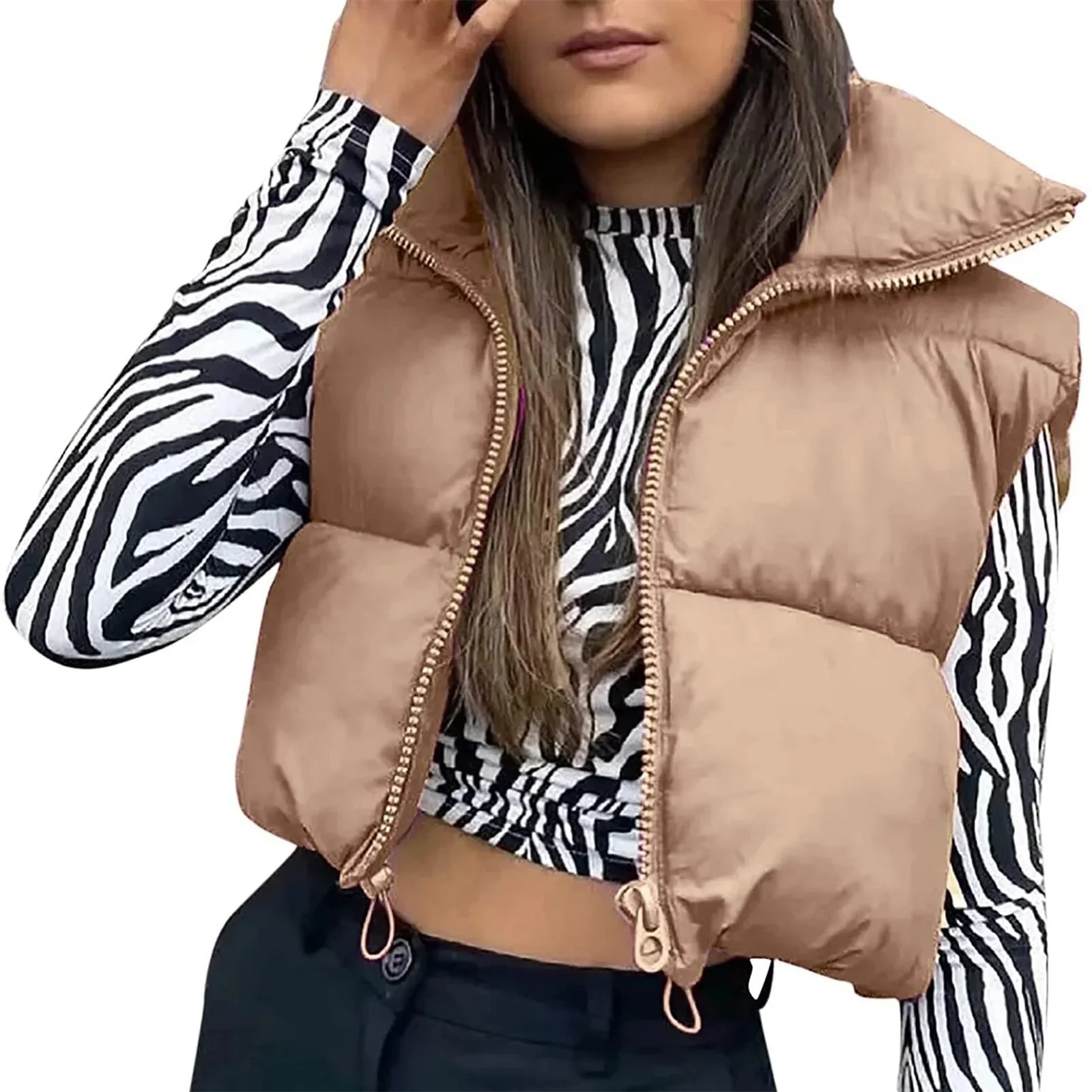 Women Waistcoat Retro Short Cotton-Padded Clothes Solid Color Stand Neck Zipper Casual Party Loose Warm Winter Coat - Image 15