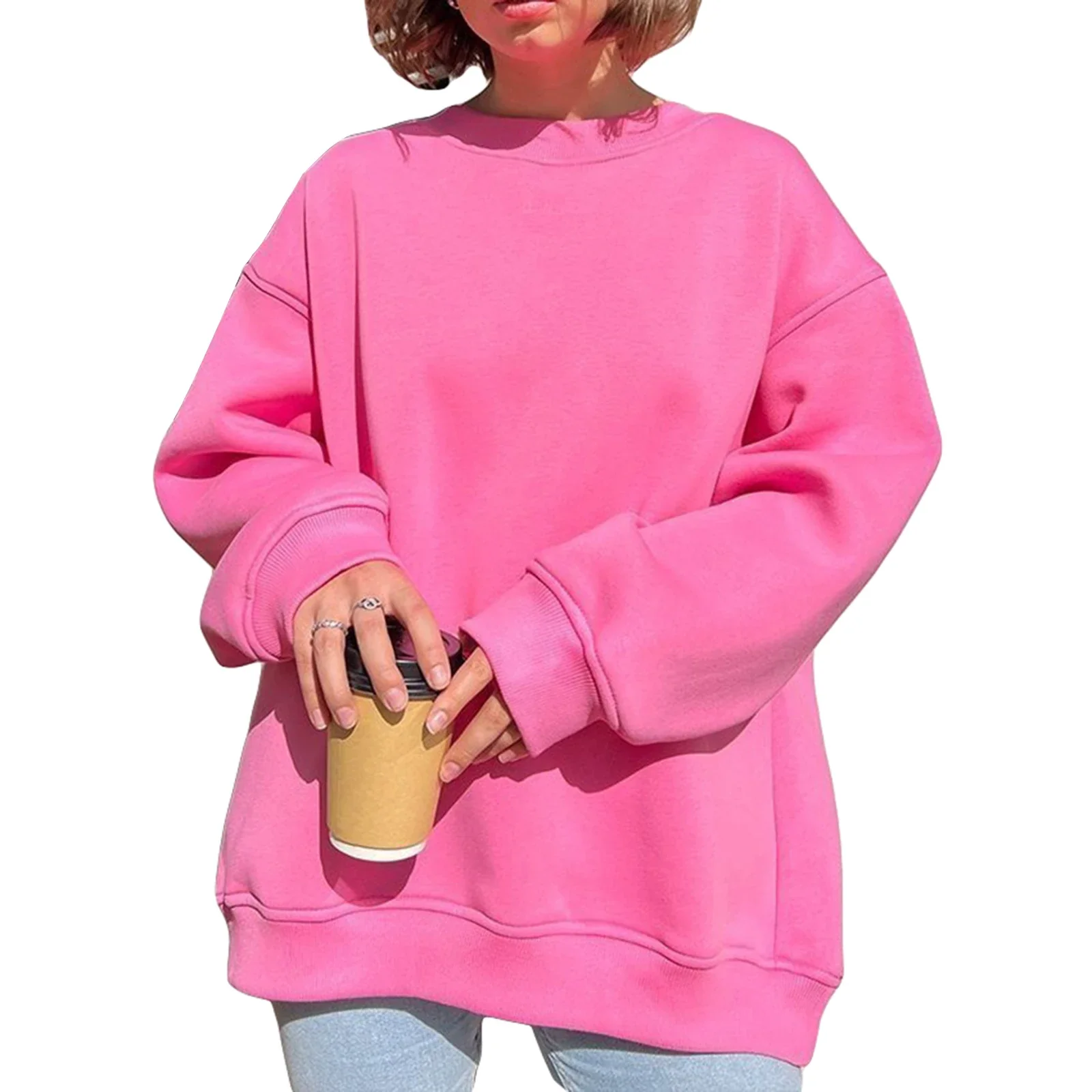 Women Warm Oversized Fall Sweatshirt Solid Color Long Sleeve Round Neck Shirt Baggy Winter Going Out Tops - Image 10