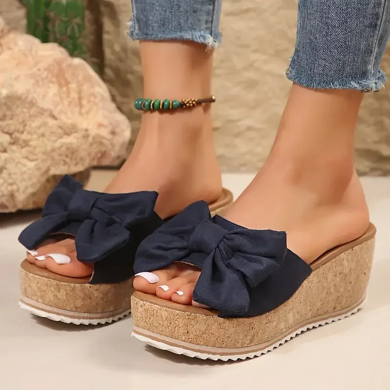Women Wedge Slippers 2025 Leisure Large Size Shoes Women Platform Outdoor Sandals Leopard Print Bow Tie Slippers Slides Women - Image 6